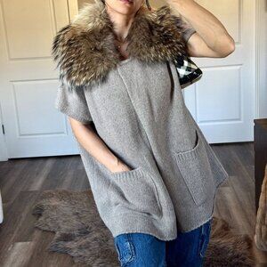 Yves Salomon Cashmere Sweater Cardigan Raccoon Fur Collar Brown Luxury Designer